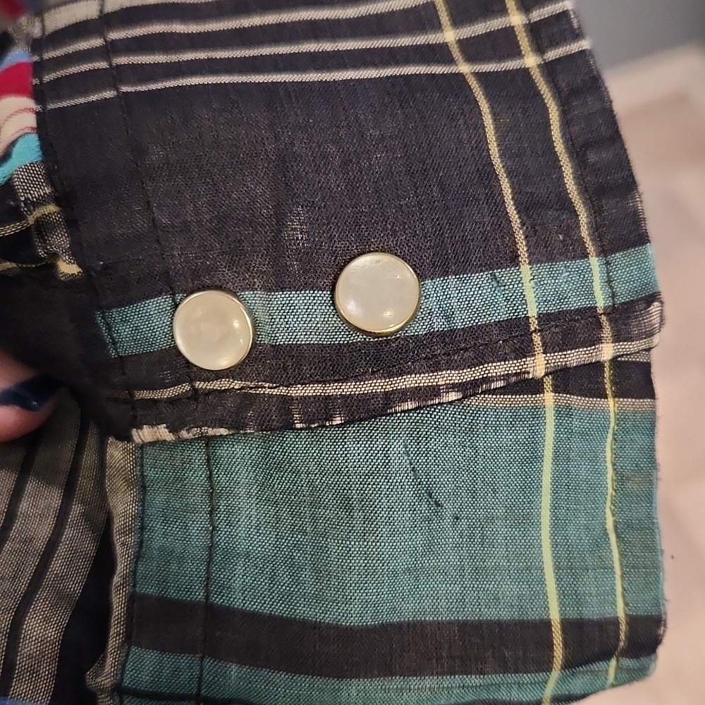 Vintage 80's Cowboy Cut Regular Fit X-long Tail Western Pearl Snaps Plaid Shirt - Picture 7 of 8